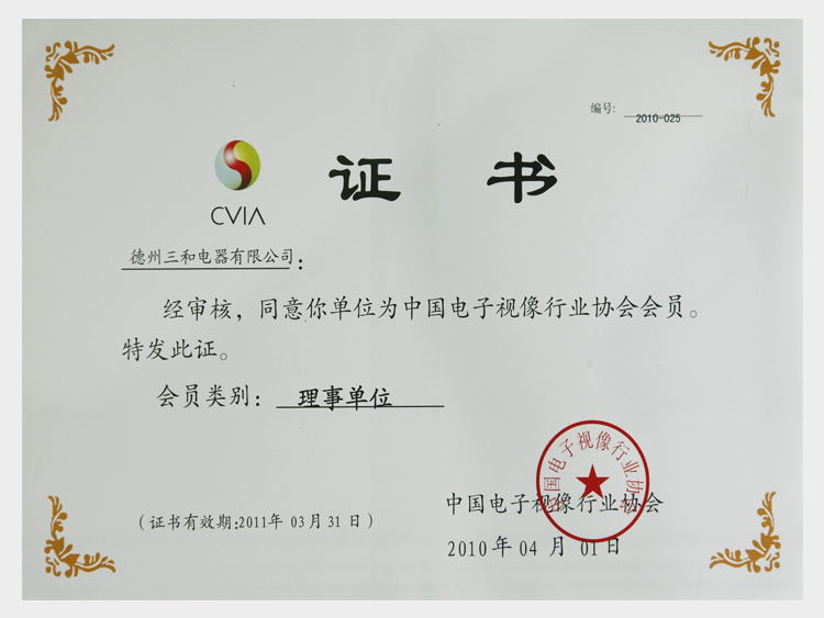 视像协会理事证书